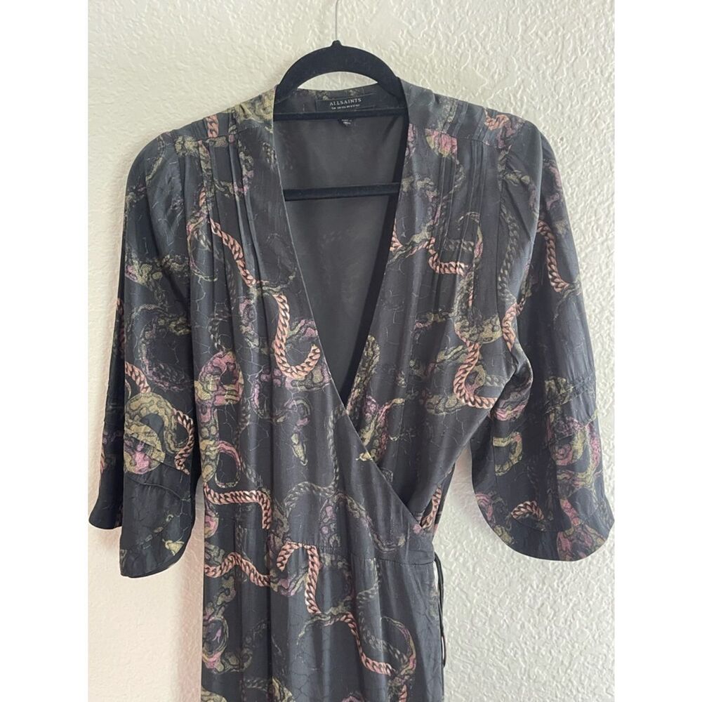 AllSaints Delana Tempest Wrap Slip Dress in deep green with snake- print - Picture 8 of 12